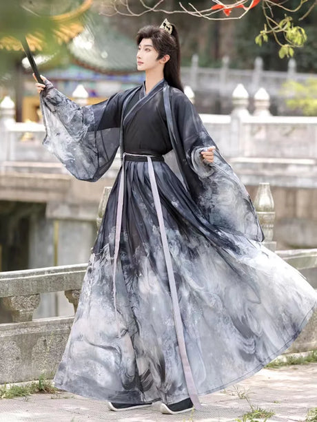 Men's Martial Arts Hanfu in black and grey, featuring traditional cross collar design and flowing sleeves.
