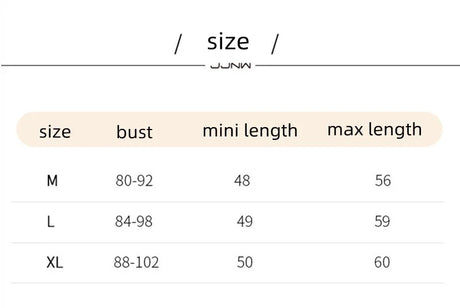 Size chart for LuxeLace silk camisole showing bust and length measurements for sizes M, L, and XL.