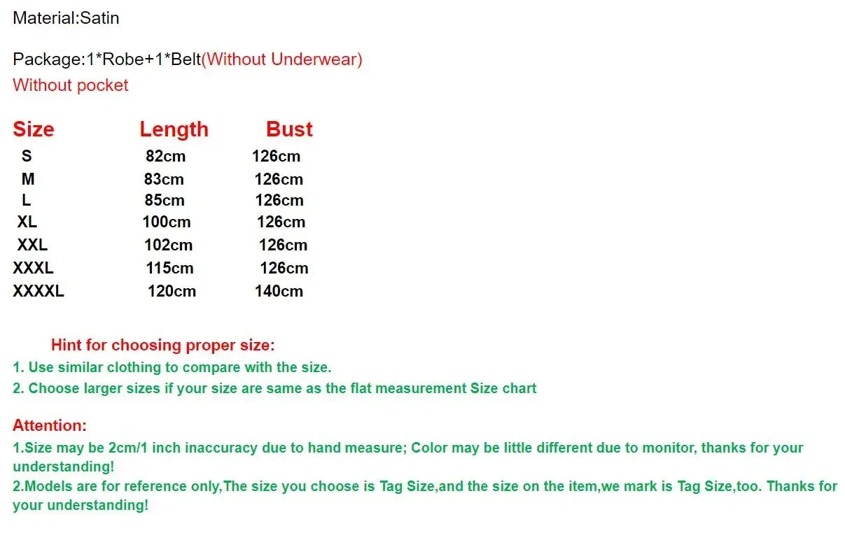 Size chart for Gold Letter Satin Bride Robe, showing lengths and bust measurements for various sizes.