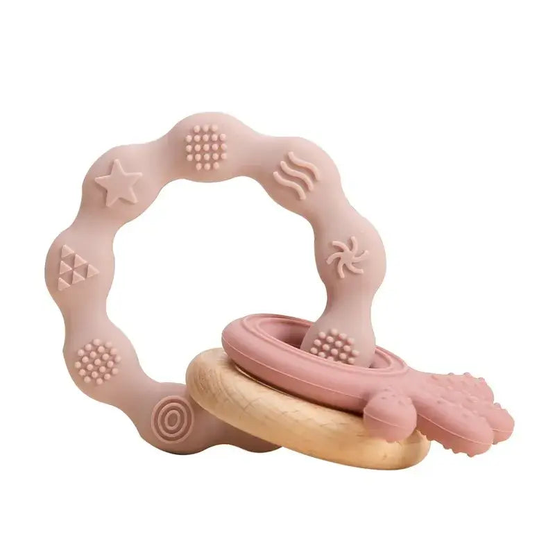 Soft silicone baby teether with textured designs for relief during teething, safe and non-toxic, available in various colors.