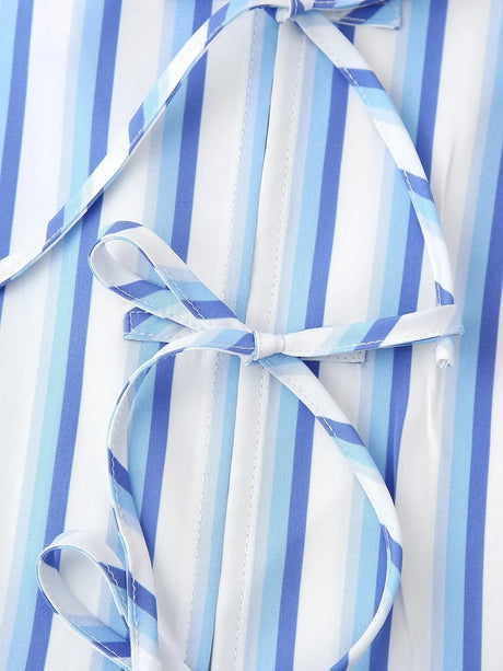 BowChic™ Stripe blouse detail showcasing blue and white striped fabric with lace-up ties.