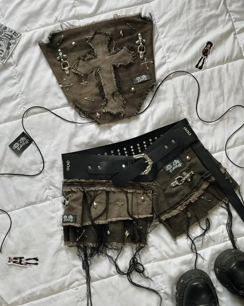 Women Cross Patch Denim Skirt Set