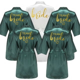Team Bride satin kimono robes in green and white, perfect for bridal parties and wedding celebrations.