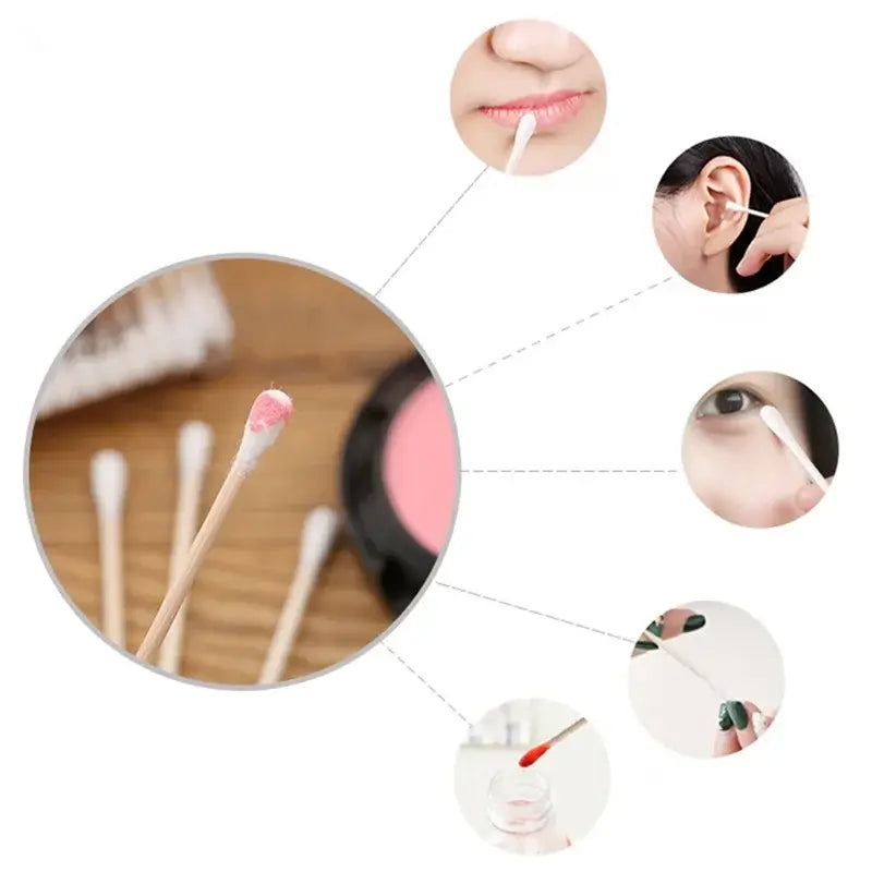 100pcs baby cotton swabs ideal for gentle cleaning and makeup application, featuring wooden sticks and soft cotton tips.