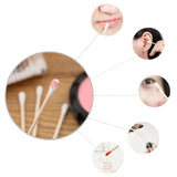 100pcs baby cotton swabs ideal for gentle cleaning and makeup application, featuring wooden sticks and soft cotton tips.
