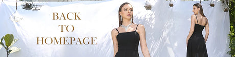 Model showcasing a black dress with spaghetti straps against a backdrop advertising 'Back to Homepage'.