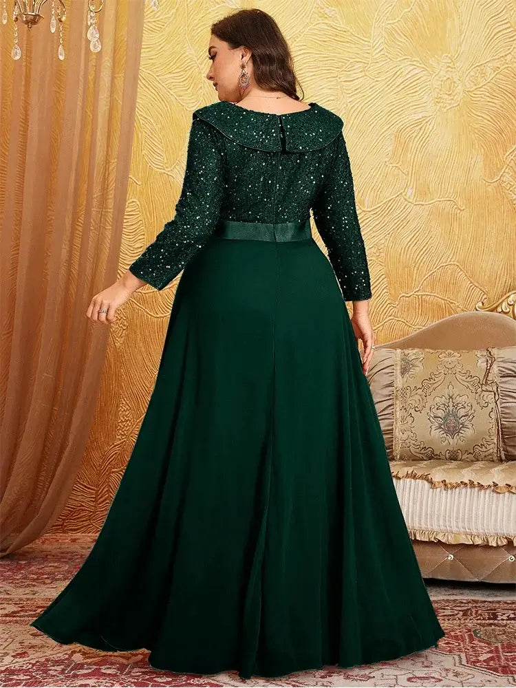Women Plus Size Chiffon Sequin Long Sleeve Evening Dress