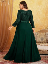 Women Plus Size Chiffon Sequin Long Sleeve Evening Dress