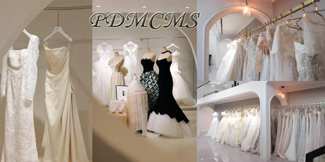 A variety of elegant wedding dresses displayed in a boutique setting, showcasing different styles and designs.