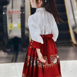 Summer Hanfu girls dress featuring an embroidered red skirt and a white top, perfect for traditional occasions.