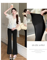 Model showcasing Y2K Bootcut Maternity Pants in Ice Silk fabric, styled with a chic top and accessories.