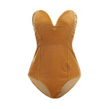 Velvet strapless lace-up bodysuit in warm gold, perfect for autumn nightwear, designed for a slim fit.