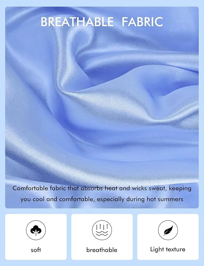 Soft and breathable satin fabric in light blue, ideal for keeping cool in summer, perfect for bridal robes.