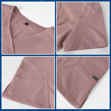 Solid color pharmacist lab coat in rose pink, featuring a V-neck, pockets, and breathable fabric for veterinary workwear.