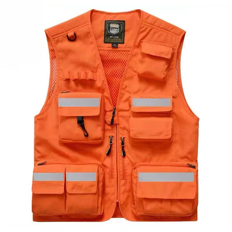 Bright orange reflective work vest with multiple pockets, designed for utility and safety in various work environments.