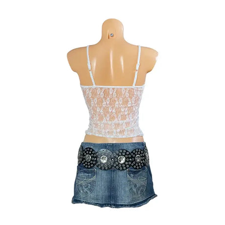 LaceMuse™ vintage fairycore spaghetti strap top, sheer lace back design, sleeveless, summer style.