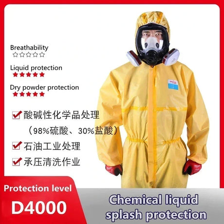 Chemical resistant work coverall offering liquid and dry powder protection, featuring breathable and waterproof material.