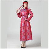 Mongolian ethnic women’s traditional dress in vibrant red with intricate patterns and full sleeves.