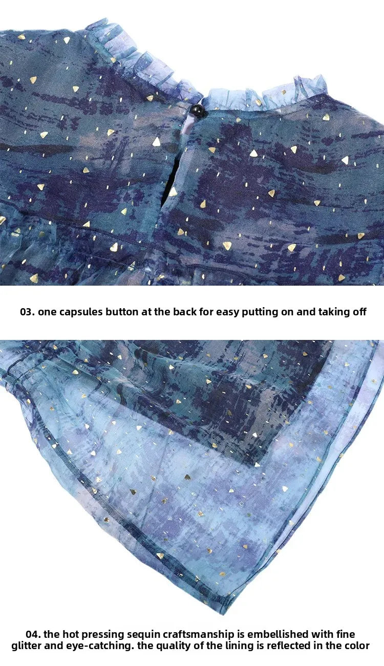 Close-up of LOUIS YAO Sparkling Dress back with capsules button and embellished sequin craftsmanship on fabric.