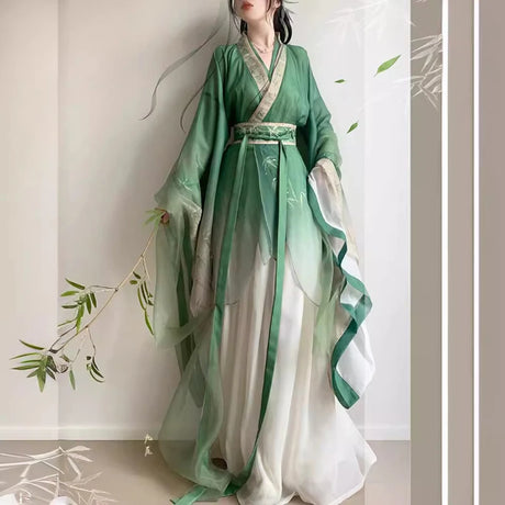 Bamboo Green Hanfu Dress for women, featuring flowy sleeves and vintage style, perfect for spring and summer occasions.