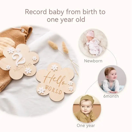 Wooden baby milestone cards in flower shape for recording age from newborn to one year.