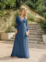 Women Elegant Evening Dress Long Sleeve A-Line Maxi