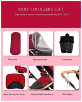 Collage of baby stroller accessories: mattress, mosquito net, cup holder, infant carrier foot cover, sleeping bag foot cover, and wristband.