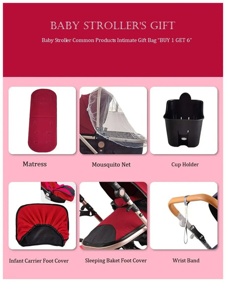 Collage of baby stroller accessories: mattress, mosquito net, cup holder, infant carrier foot cover, sleeping bag foot cover, and wristband.