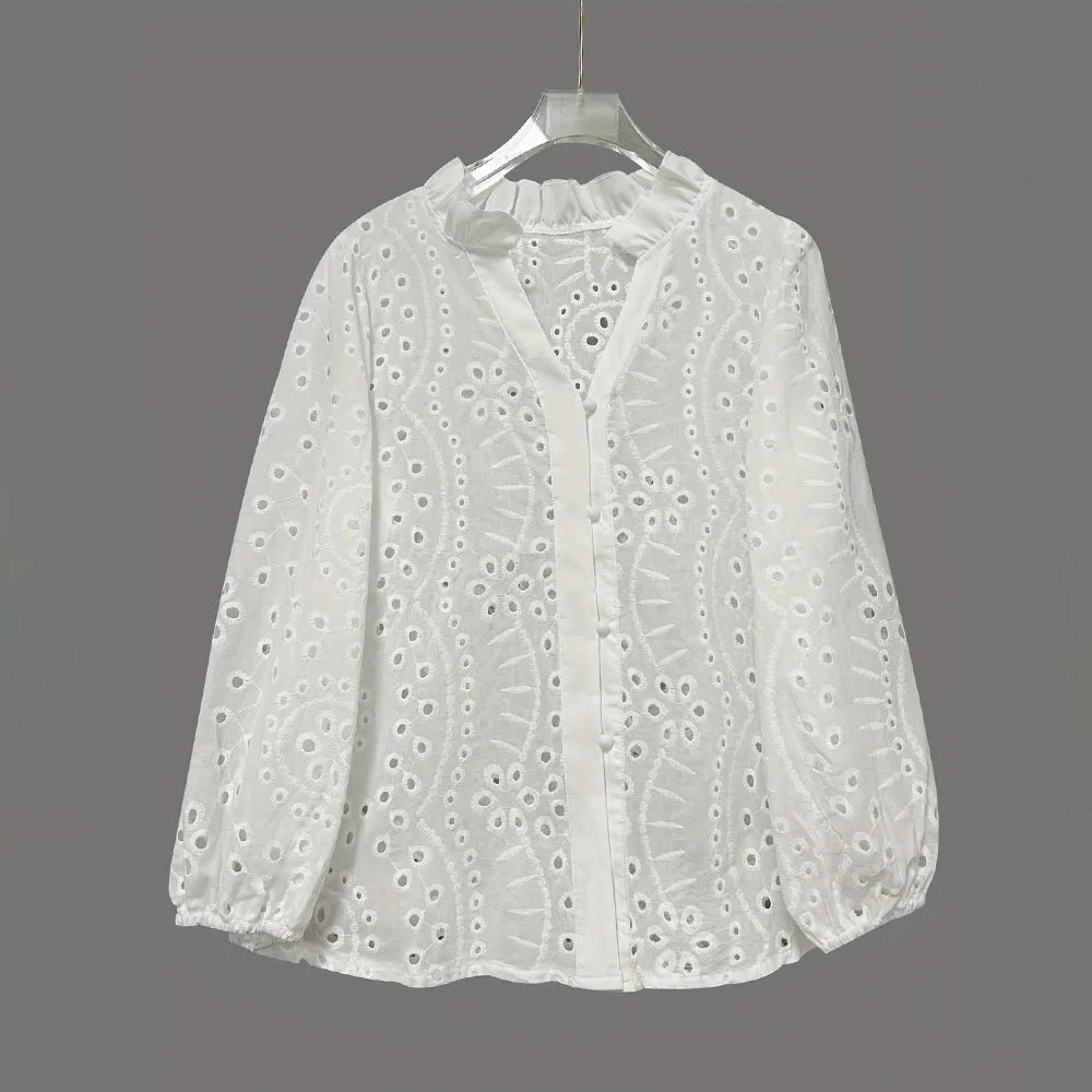 LaceWhisper™ Hollow Out White Lace Shirt, elegant long sleeve blouse in delicate embroidery and v-neck design.