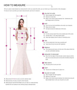 How to measure for a wedding dress, featuring a model demonstrating measuring points like bust, waist, and length.