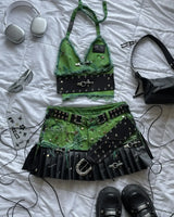 Women Cross Patch Denim Skirt Set