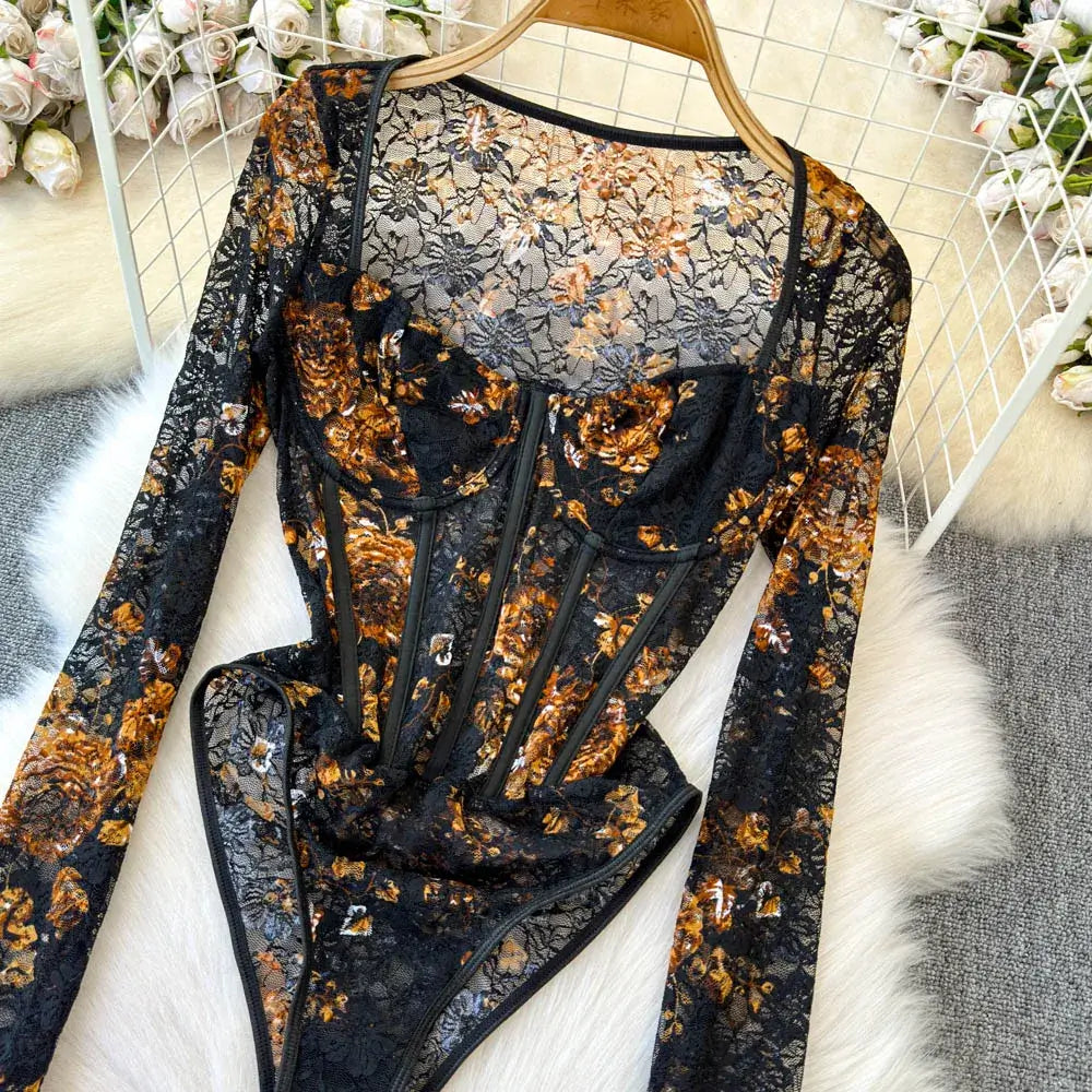 Women Square Neck Mesh Print Bodysuit