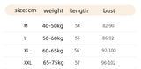 Size chart for Silkaire™ silk strap top showing weight, length, and bust measurements for M, L, XL, and XXL.