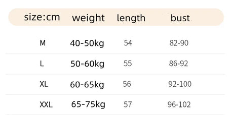 Size chart for Silkaire™ silk strap top showing weight, length, and bust measurements for M, L, XL, and XXL.