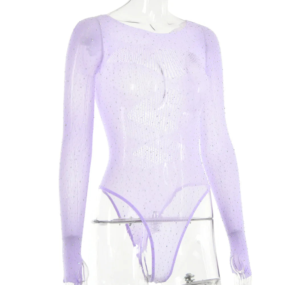 Women's Knitted Rhinestone Long Sleeve Bodysuit – Sexy Y2K Outfit