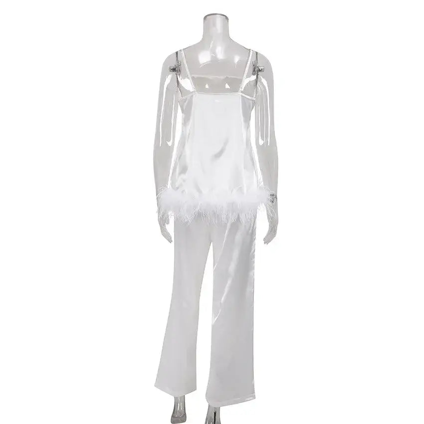 Women Satin Pajama Set with Feather Trim Pants