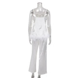 Women Satin Pajama Set with Feather Trim Pants