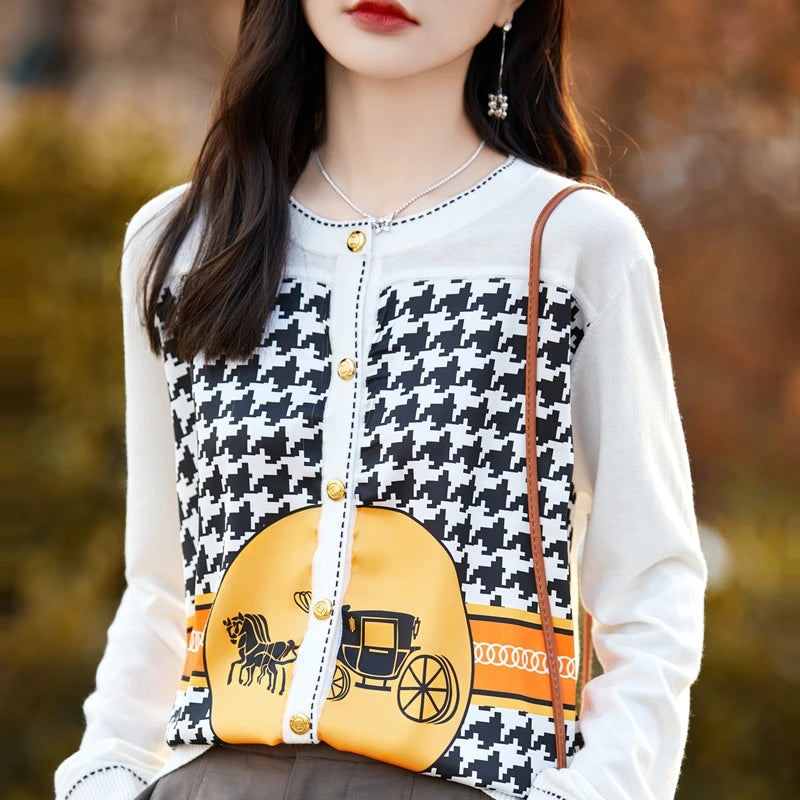 Women's Printed Stitching Wool Cardigan