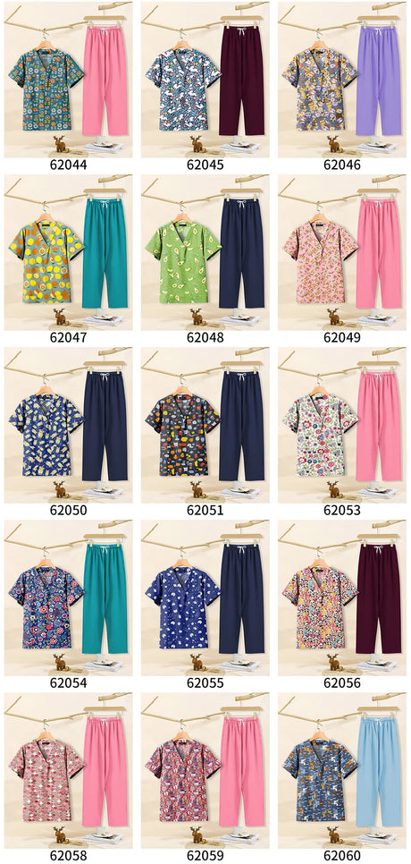 Colorful cartoon print dental scrubs for women, featuring various designs and styles suitable for pet grooming.