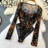 Women Square Neck Mesh Print Bodysuit