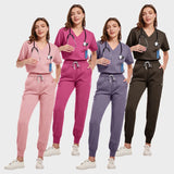 Breathable medical scrub sets for women, featuring elastic short sleeves and available in multiple colors.