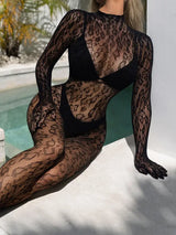 Women Lace Fishnet Long Sleeve Jumpsuit