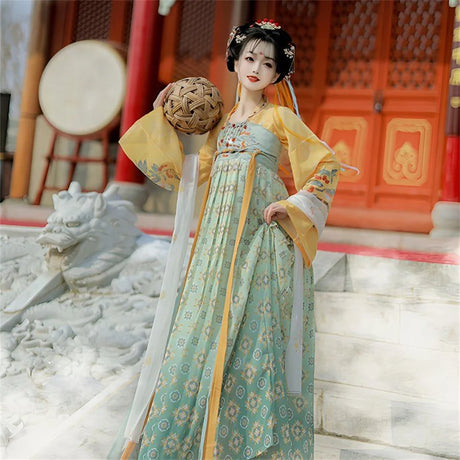 Women wearing Tang Suit Hanfu costume for Halloween cosplay, featuring floral patterns and traditional design.