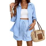 Casual 2-piece maternity set with blue shirt and shorts, perfect for autumn wear.