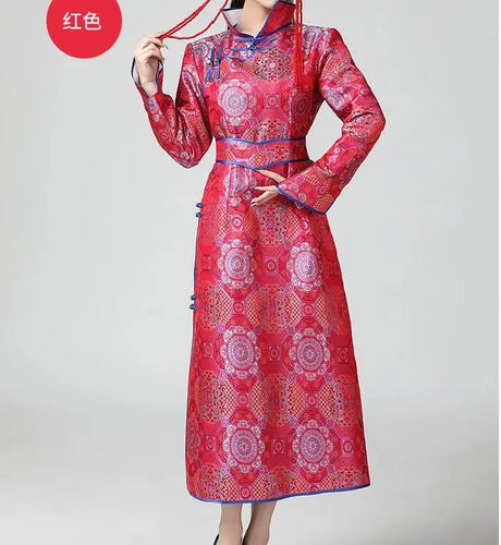 Mongolian ethnic women's traditional dress with intricate patterns in vibrant red color.