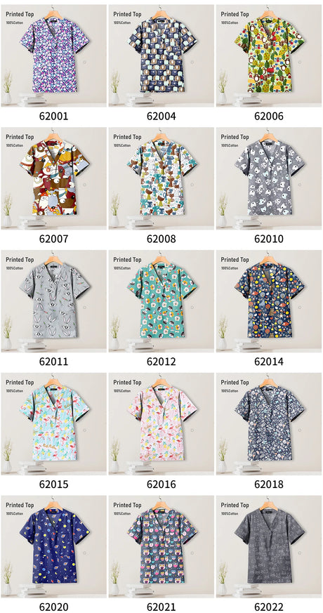 Variety of printed scrub tops for pediatric nursing, showcasing colorful designs and styles in a grid layout.