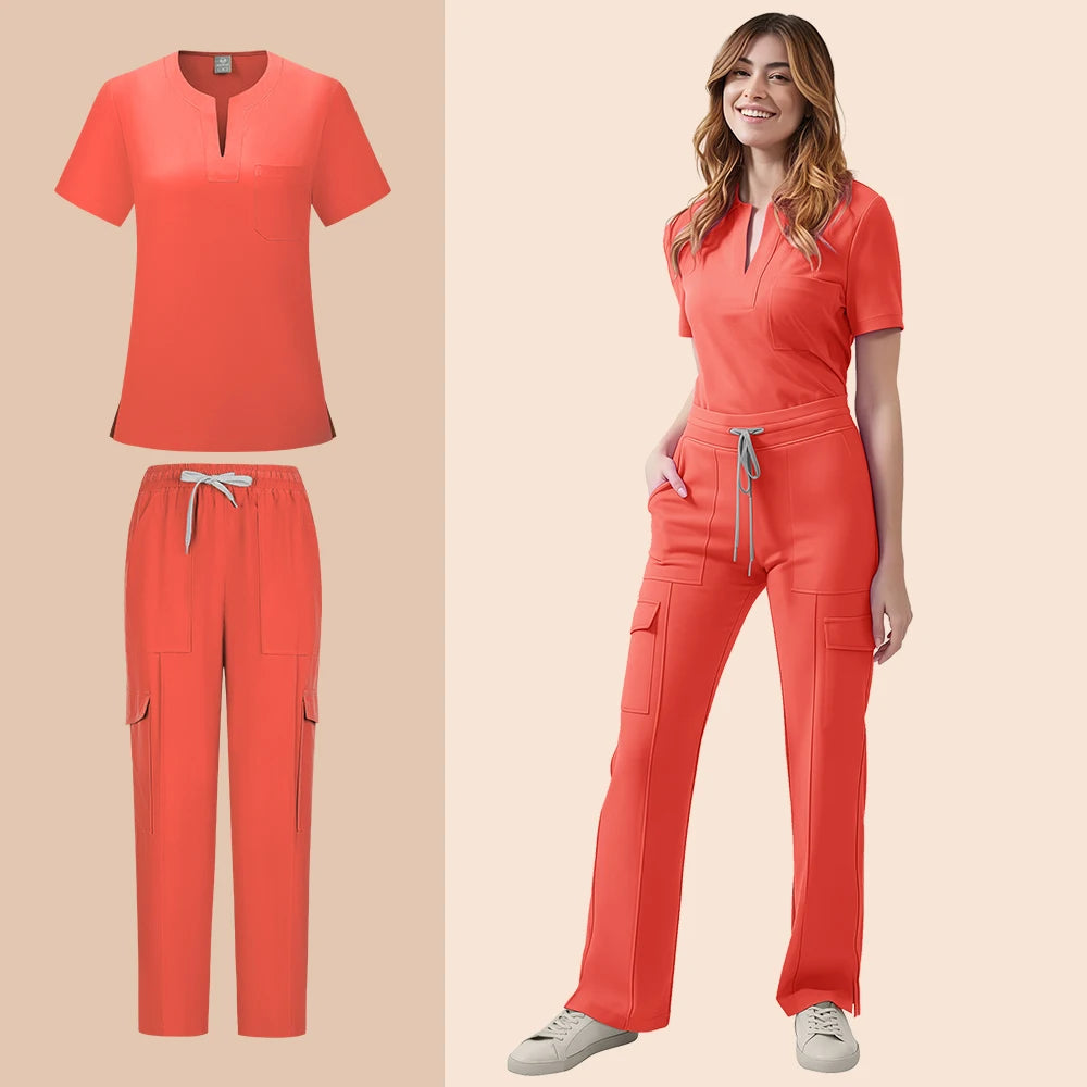 Women’s coral medical scrub set including pocket top and pants for nursing uniforms