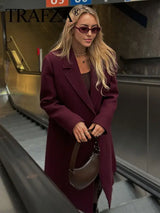 Women Burgundy Woolen Double Breasted Coat