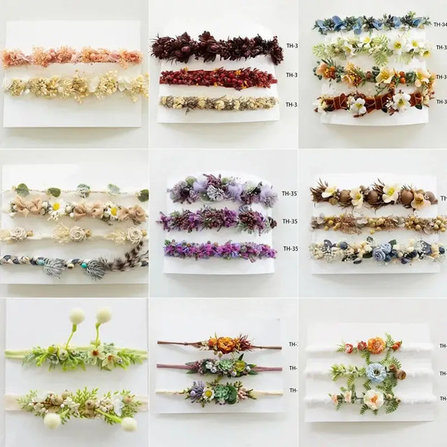 Variety of adjustable faux flower headbands for newborn photography, featuring multiple colors and designs, suitable for baby girls.