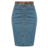 BuckleCurve™ – Ruched Belt Bodycon Skirt (High Waist Retro Denim)